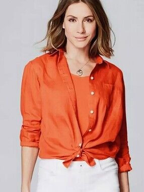 J.Jill Womens Love Linen Button-Up Shirt Zinnia Orange Long Sleeve High-Low Sm